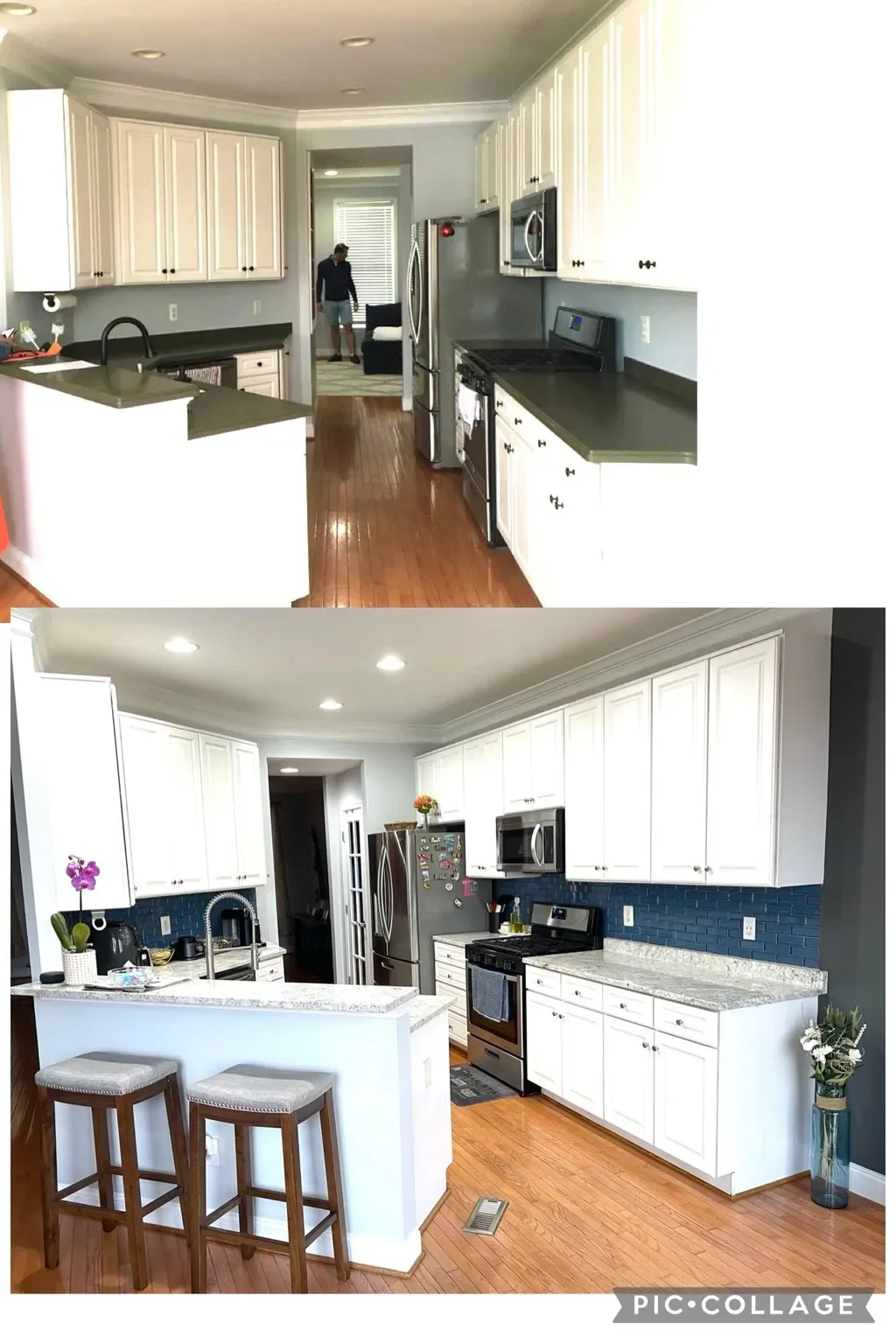 Comparison of two kitchen interiors before and after renovation. The top image shows an older kitchen with darker countertops, black hardware, and darker wood flooring. The bottom image depicts a modernized kitchen with white cabinets, lighter countertops, brighter lighting, and a blue backsplash, along with a breakfast bar and two stools.