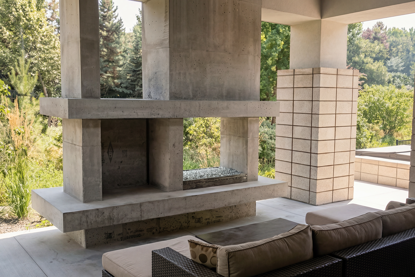 Modern outdoor living area with concrete fireplace and beige brick column, with greenery outside.
