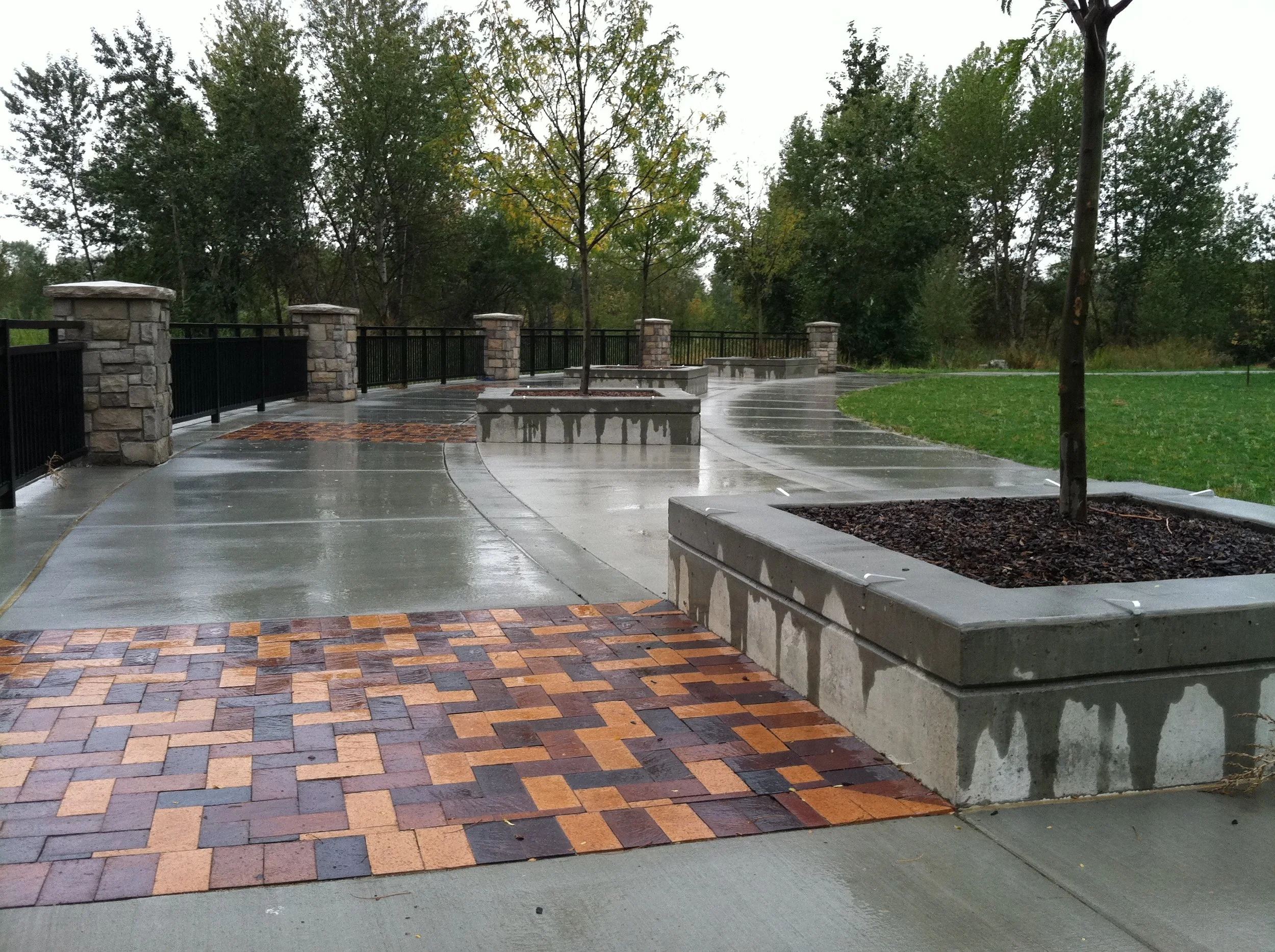 Rain-soaked sidewalk with brick and concrete pavers, surrounded by trees and grassy areas, wet from recent rain.