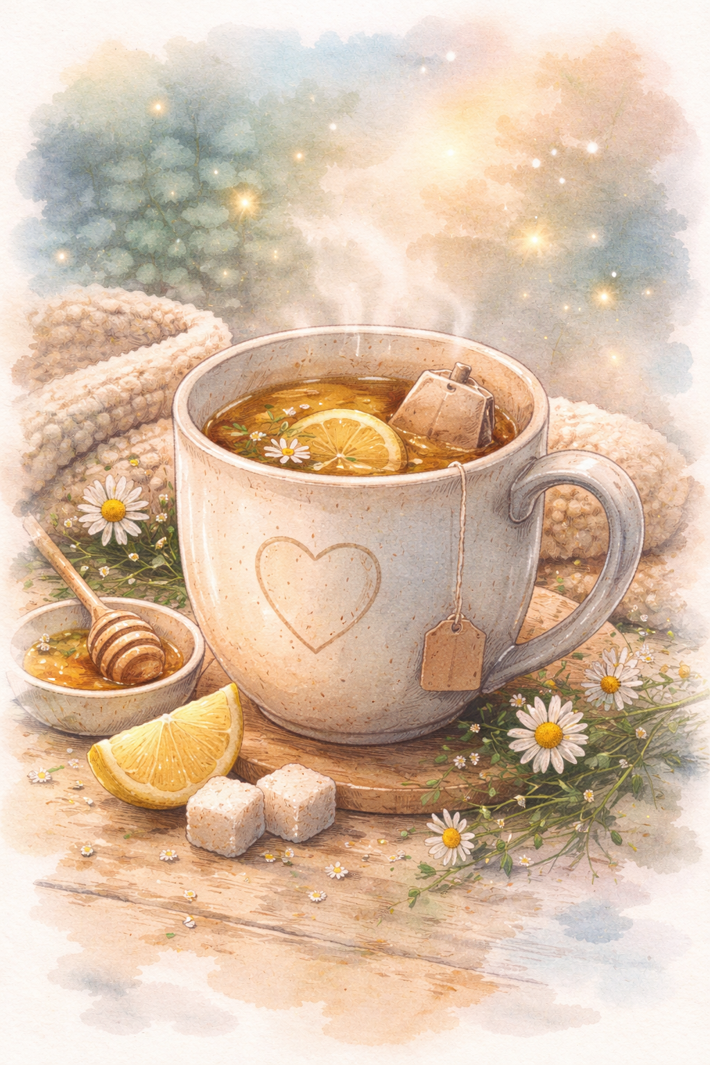 A watercolor illustration of a steaming cup of lemon tea with a tea bag, lemon slices, honey, and chamomile flowers, set on a rustic wooden surface with a cozy blanket in the background.