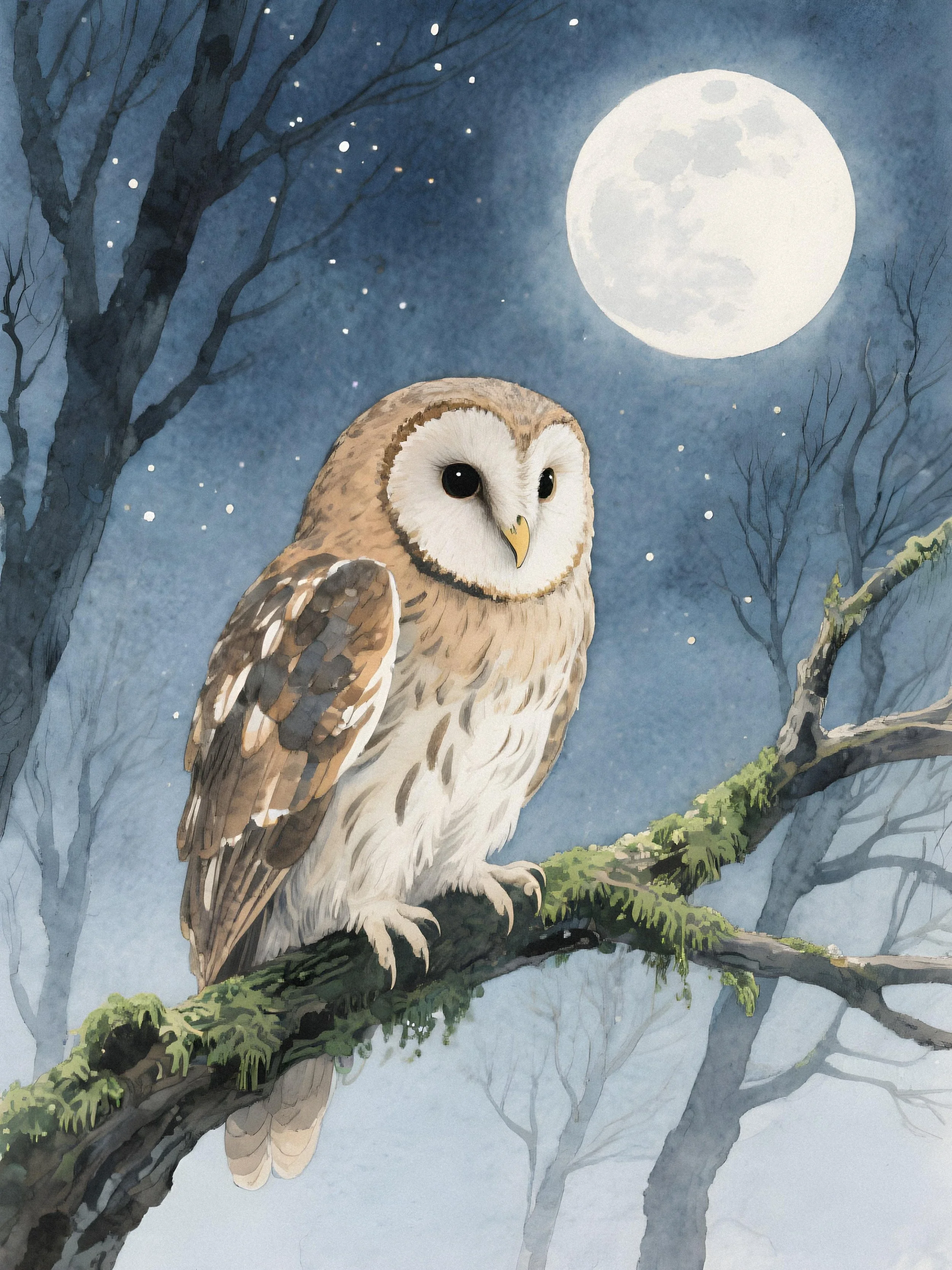 A watercolor painting of a barn owl perched on a tree branch against a moonlit night sky with bare trees.