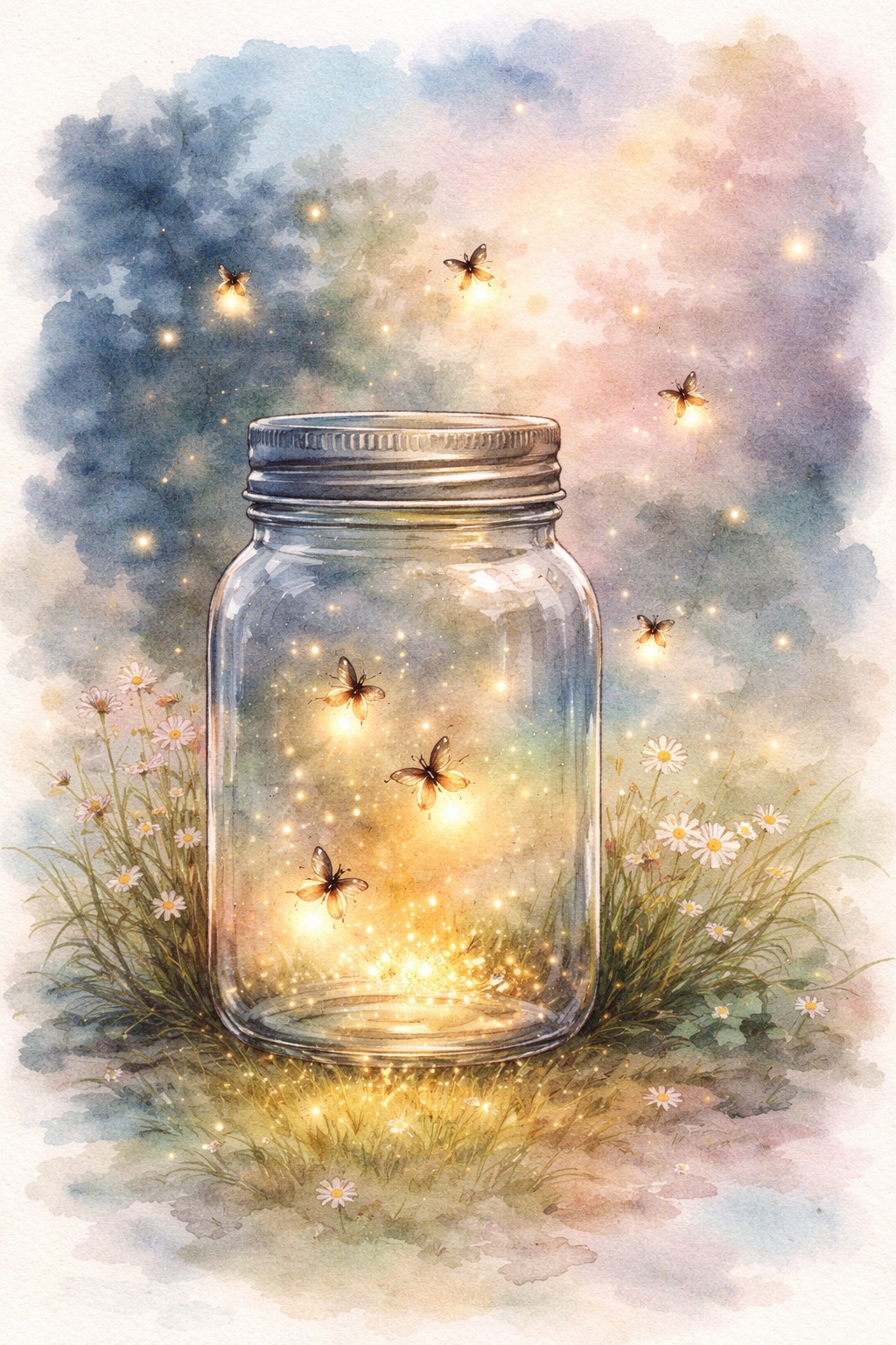 A watercolor-style illustration of a glass jar placed outdoors, surrounded by small white daisies and grass. The jar contains glowing, luminous butterflies and tiny sparkling lights, creating a magical, enchanting atmosphere.
