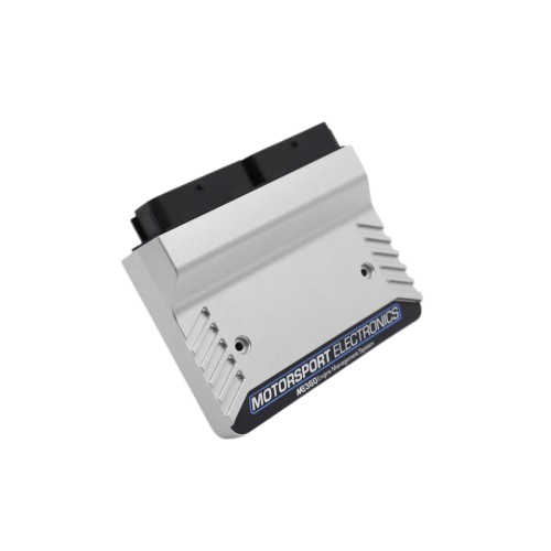 A rectangular electronic device labeled 'Motorsport Electronics' with cooling fins and a black connector on top, set against a black background.