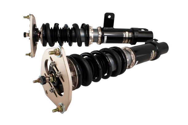 Two black automotive struts with metal mounting plates, bolts, and rubber components.