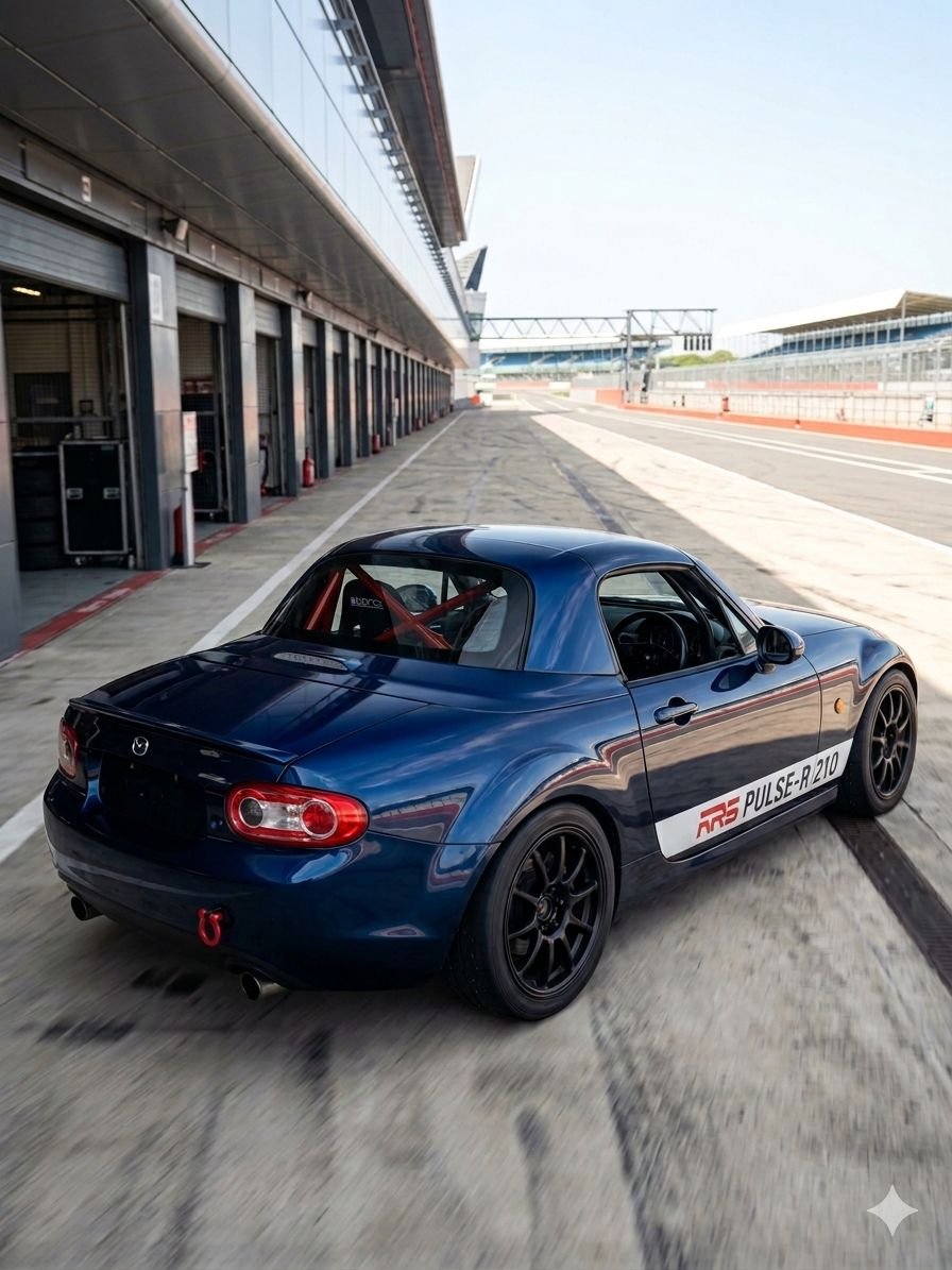 Blue Mazda MX-5 Miata race car parked in a pit lane at a race track, featuring racing decals and a roll cage inside.