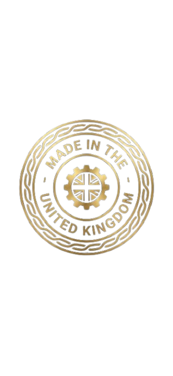 A black and gold emblem with a gear and Union Jack design, featuring the text 'Made in the United Kingdom'.