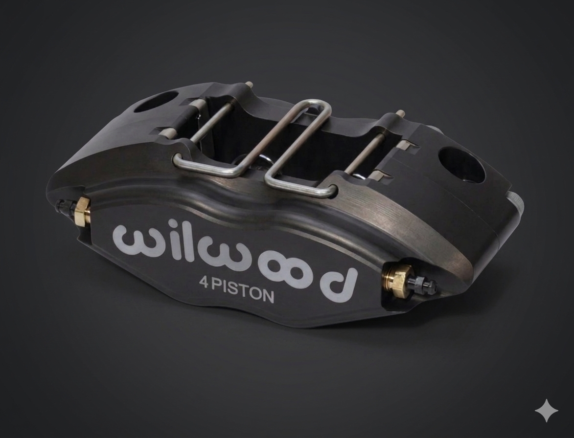 Close-up of a Wilwood 4 piston brake caliper against a black background.