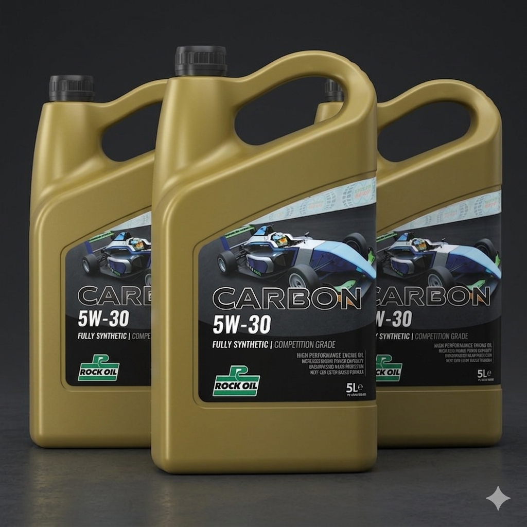 Three containers of CARBON 5W-30 fully synthetic engine oil by Rock Oil, arranged in a row against a black background.