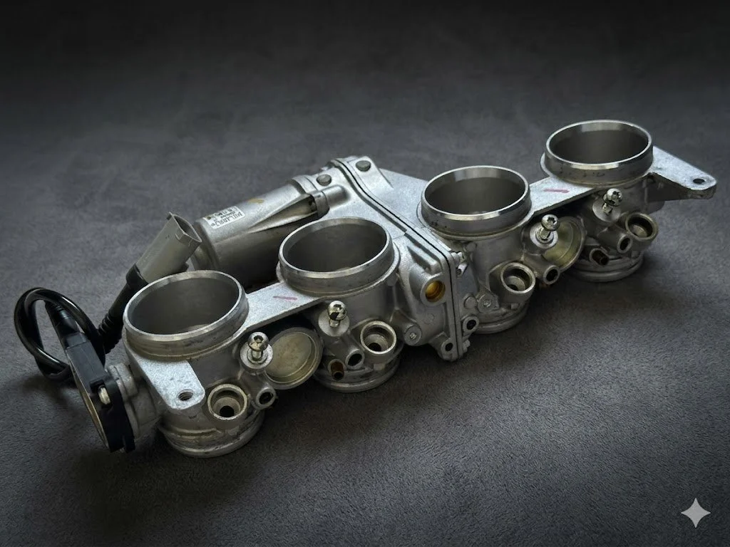 A metallic motorcycle throttle body manifold with four large circular openings and smaller ports, resting on a dark surface.