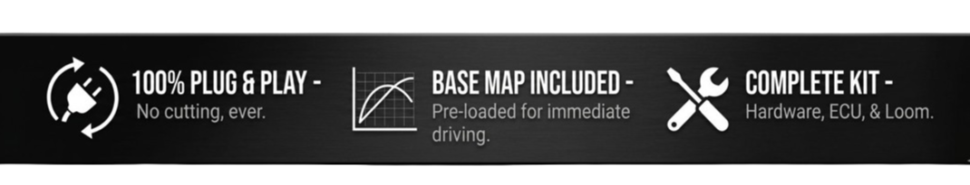 Text on a black background describing features of a product or service, including plug-and-play, base map included, and a complete kit with hardware, ECU, and loom.