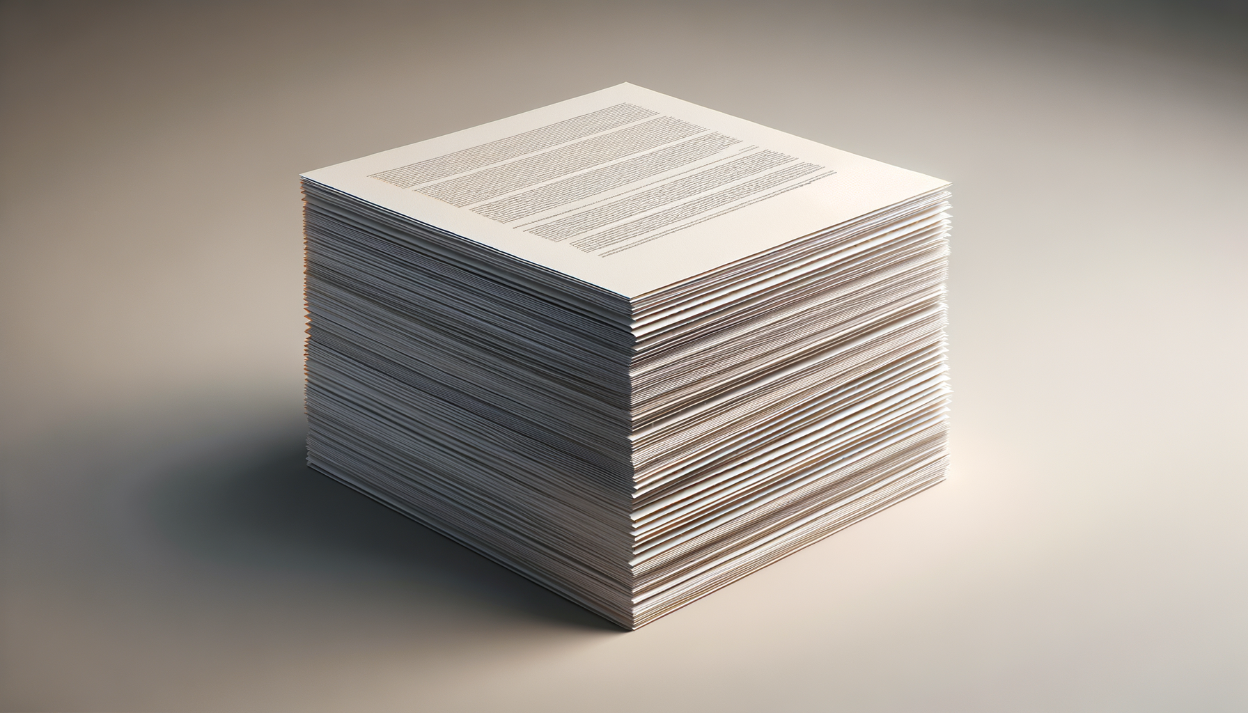 A large stack of printed documents or papers arranged neatly on a light-colored surface.