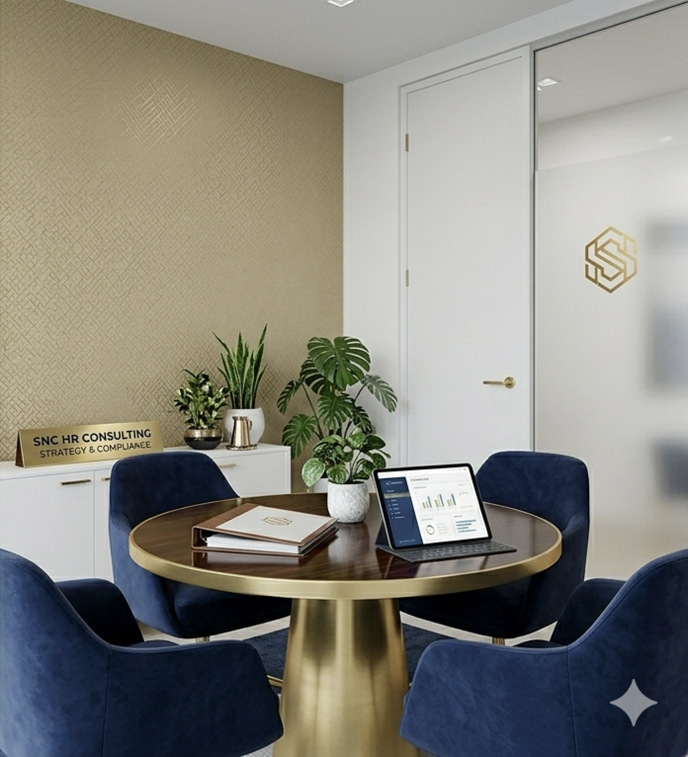 A modern office conference room with a round wooden table with a gold base, four navy velvet chairs, and a sideboard with potted plants. A tablet, folders, and a sign reading SNC HR Consulting Strategy & Compliance are on the table, with a gold logo on the frosted glass door.