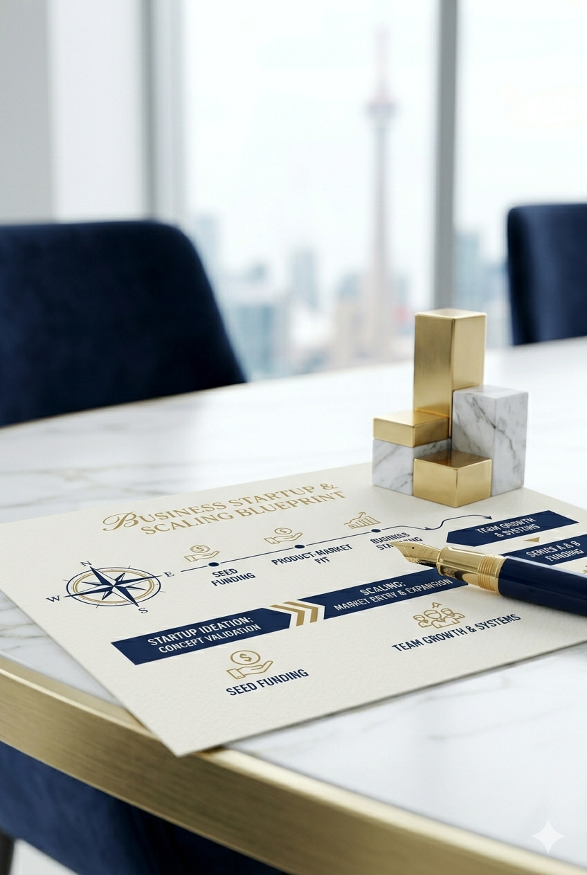 Business startup and scaling blueprint chart on a white table with gold and marble decorative blocks, a black and gold pen, and a view of city skyline through windows in the background.
