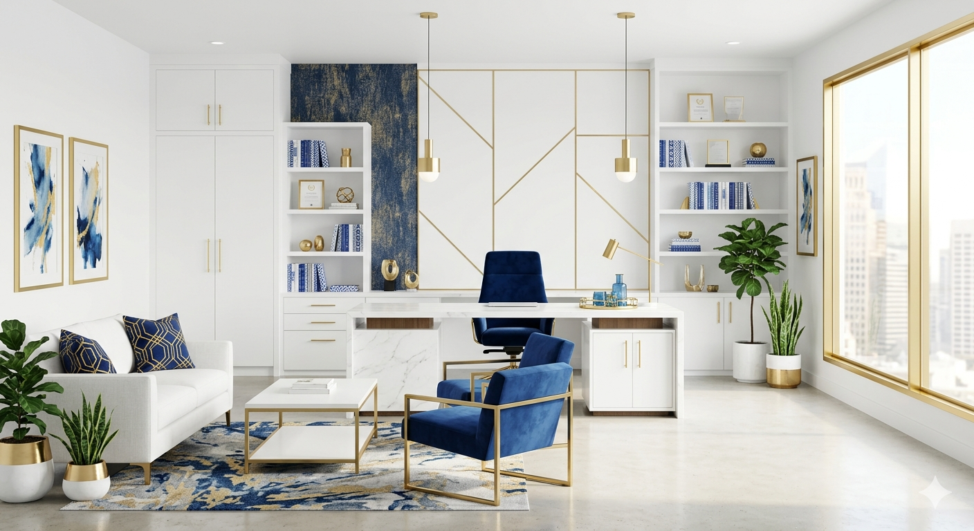 Modern home office with white walls, gold accents, blue and white furniture, potted plants, large windows, and decorative shelves.