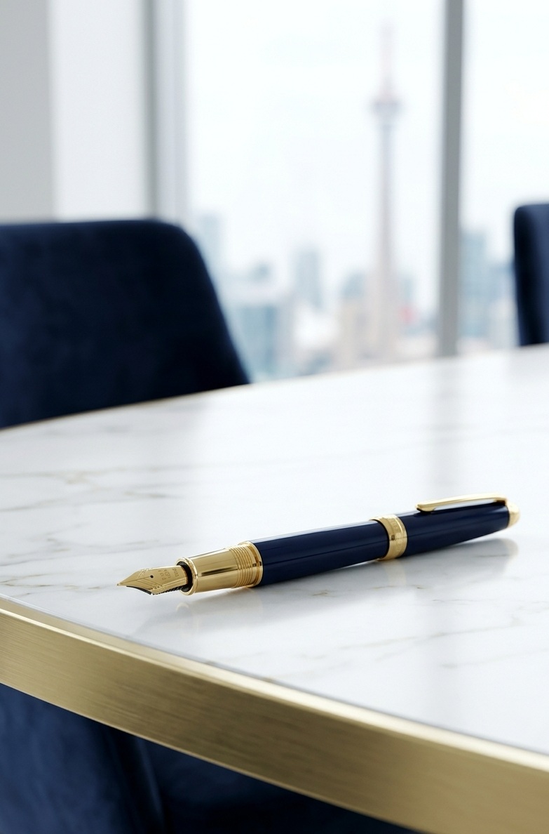 A black and gold fountain pen resting on a white marble conference table in a modern office with a city skyline view.