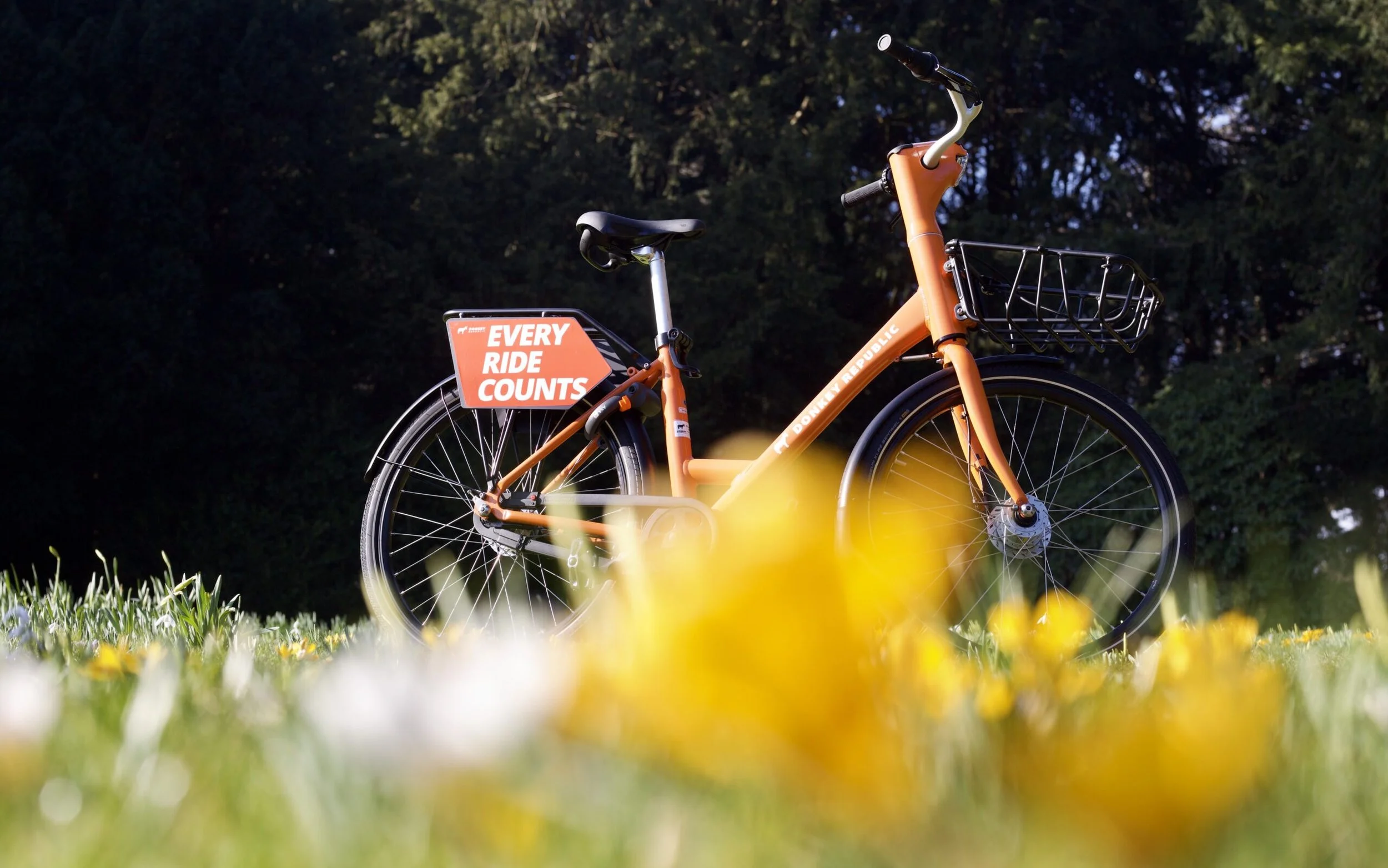 Orange bike with a sign that says 'Every Ride Counts' on the back, parked on a grassy field with yellow flowers, trees in the background, and sunlight streaming through the leaves.