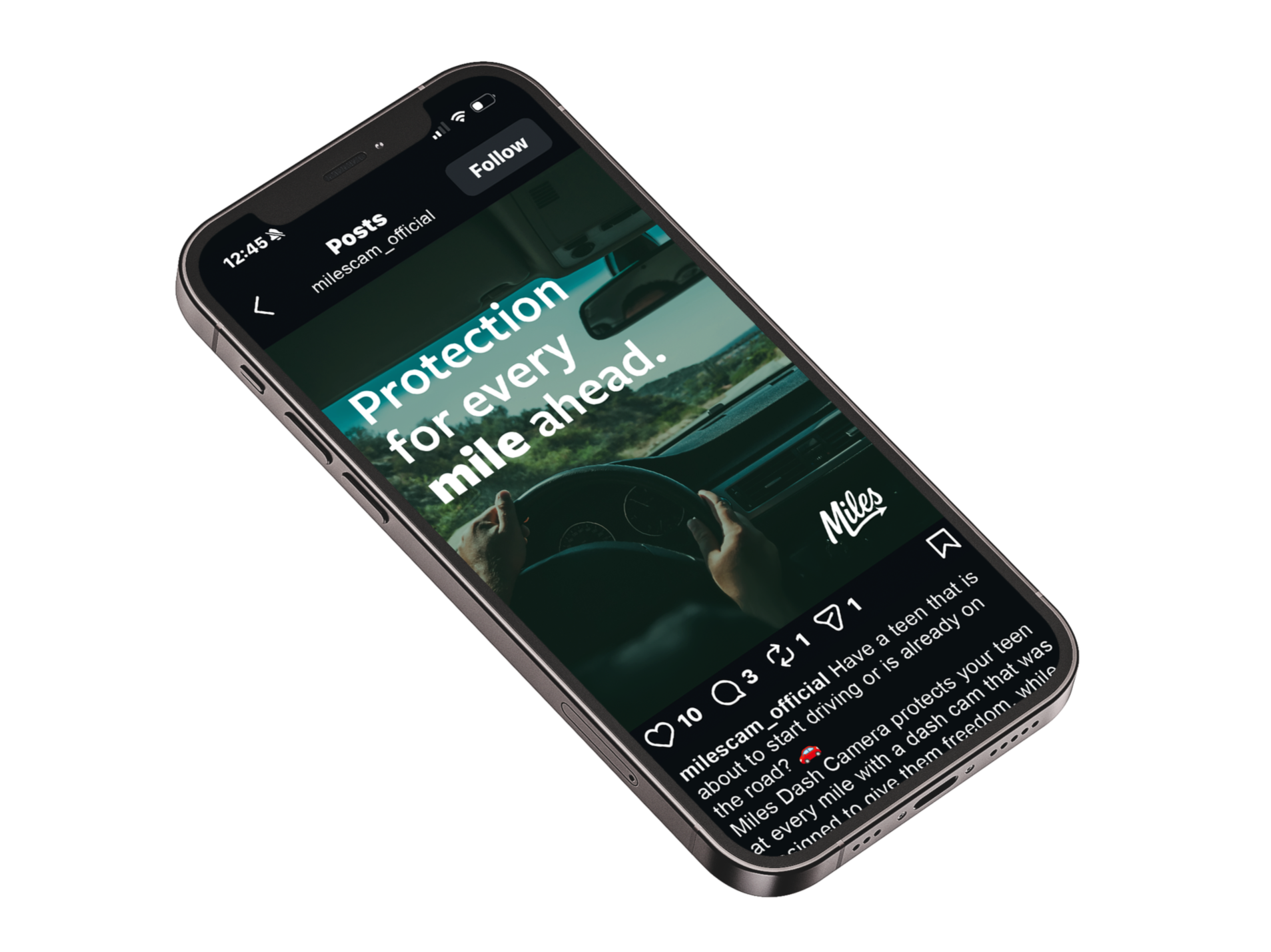 Close-up of a smartphone screen displaying a social media post about Miles Dash Camera, with a scenic drive in the background that says "protection for every mile ahead".