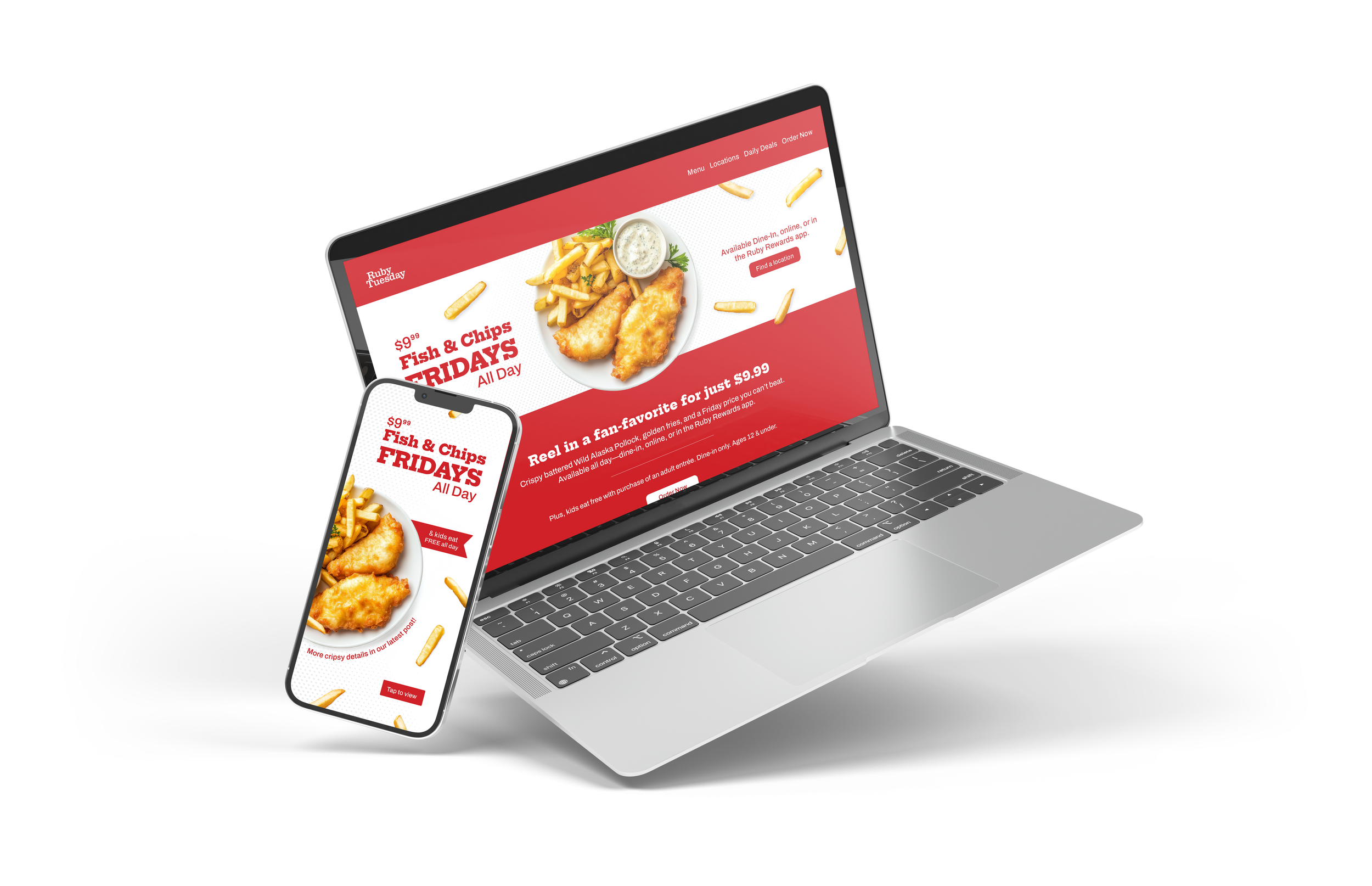 Laptop displaying Ruby Tuesday's email promotion and a phone displaying an Instagram story promotion for Fish & Chips Fridays' special with images of fish fillets, French fries, and dipping sauce, in a clean, modern design.