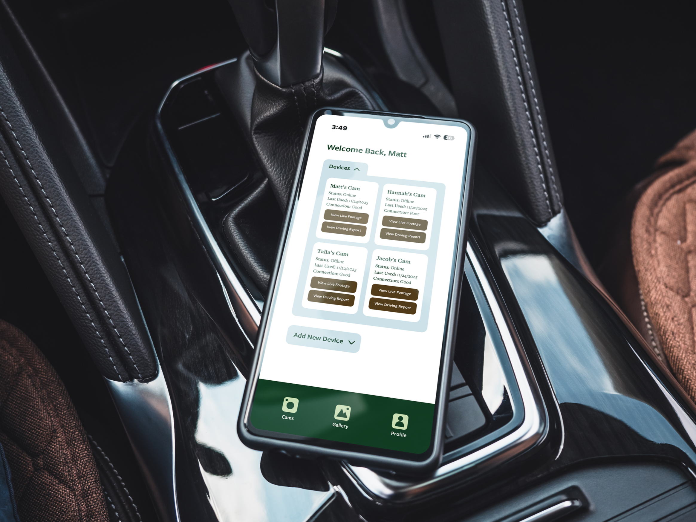 Smartphone displaying the Miles app resting in a car's center console.