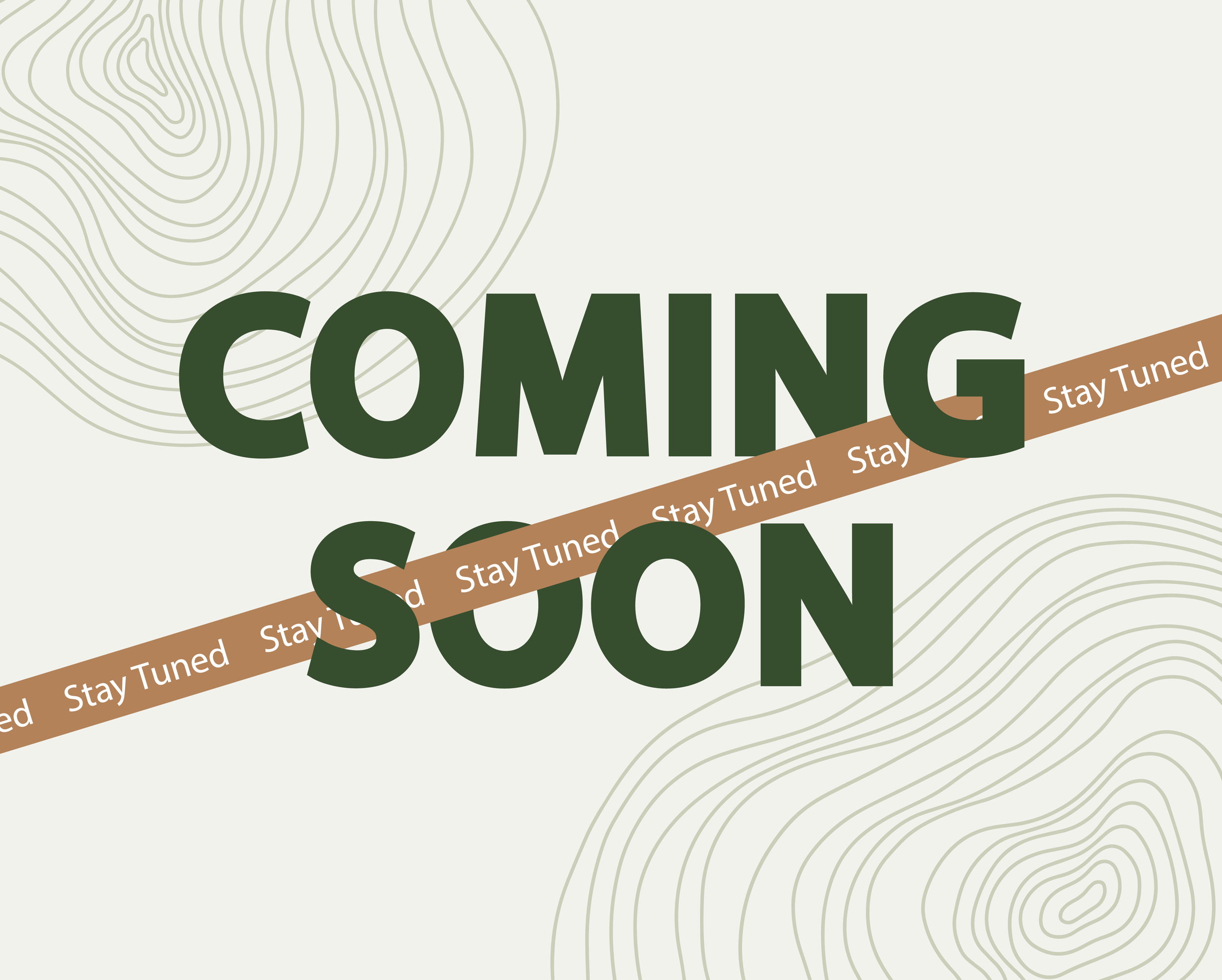 Text on the image reads 'COMING SOON' with a diagonal banner containing the phrase 'Stay Tuned' repeated multiple times, and a background featuring contour lines to symbolize tree rings.