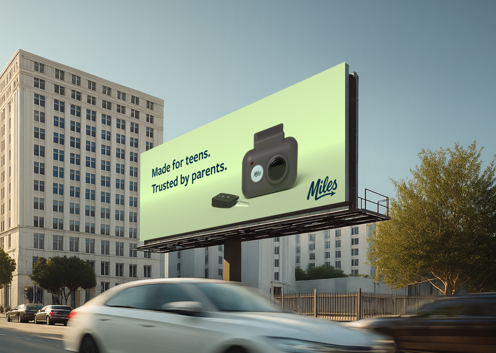 Billboard advertisement for Miles, a camera designed for teens and trusted by parents, showing a digital camera on a city street with tall buildings and cars passing by.