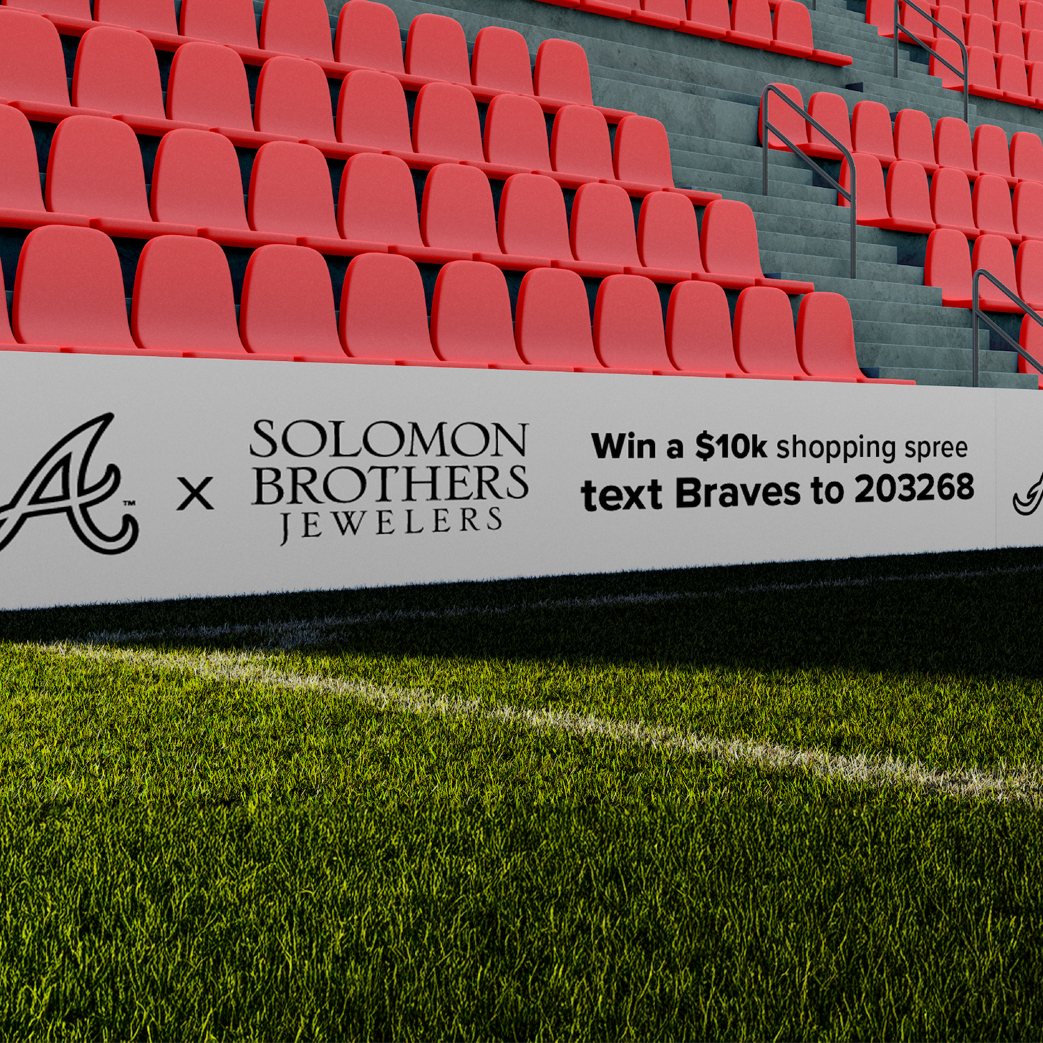 Image of a sports stadium with red seats and a large advertising banner on the field promoting a contest to win a $10,000 shopping spree for Solomon Brothers Jewelers by texting a code to a number.