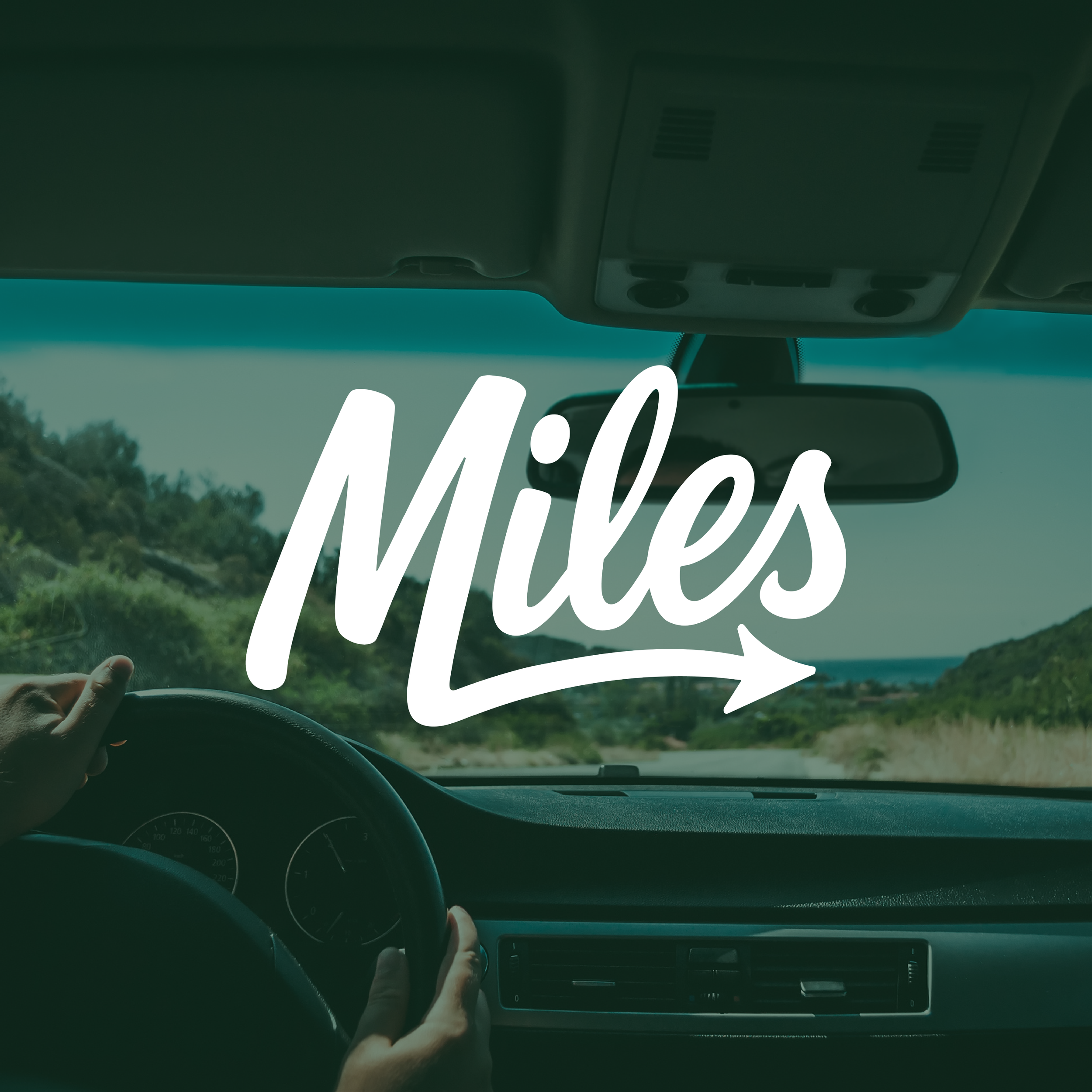 A photo of driving from the driver's point of view with a green overlay on the image and the Miles logo in the middle.