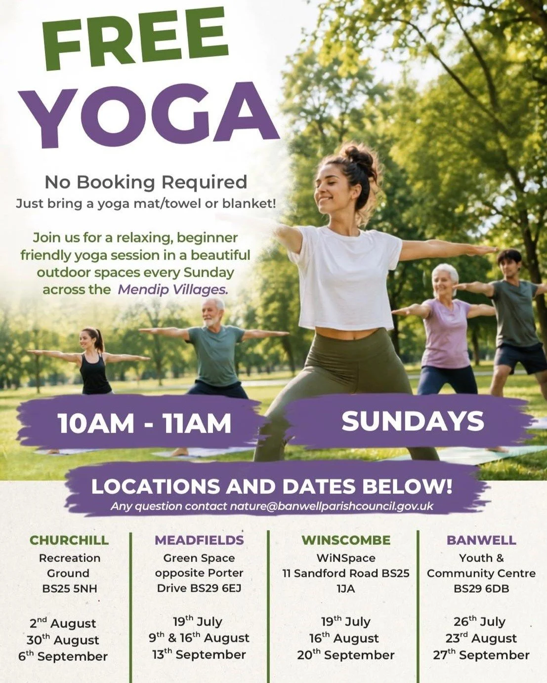 A new yoga offering bringing movement to nature! 

Gently start your Sunday morning in Churchill Recreation Ground with a FREE outdoor yoga session - find a moment of calm and meet new people! 

With thanks to Banwell Parish Council for making this p