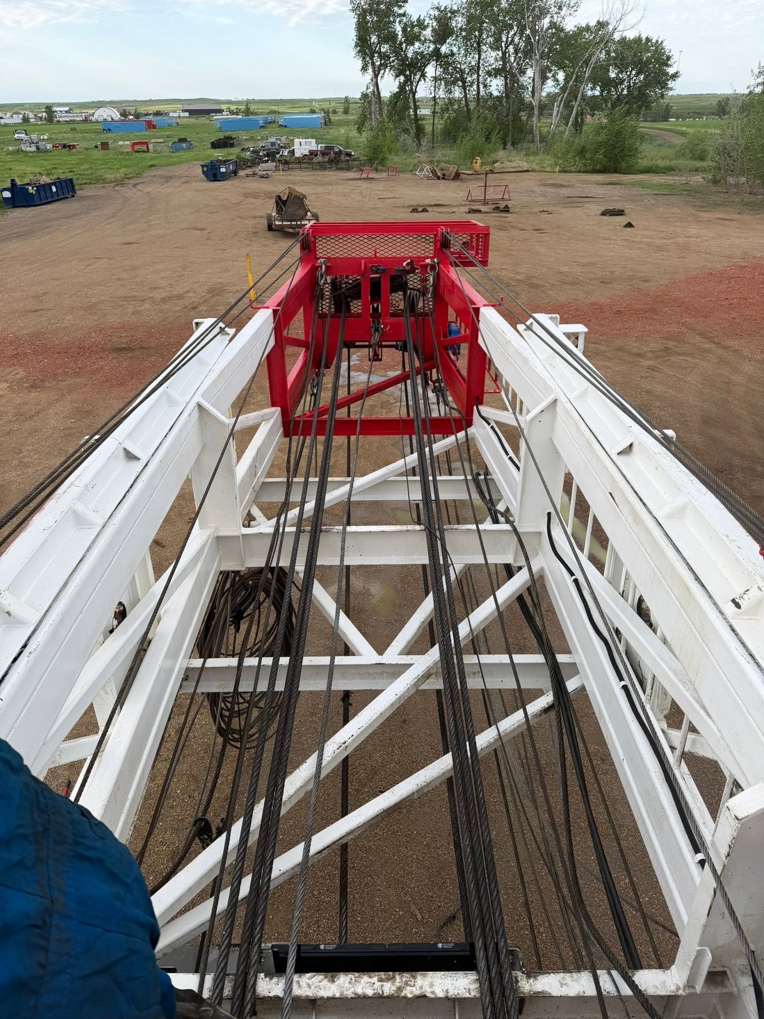 Inside of a workover rig derrick that was pressure washed and now ready for the next job.