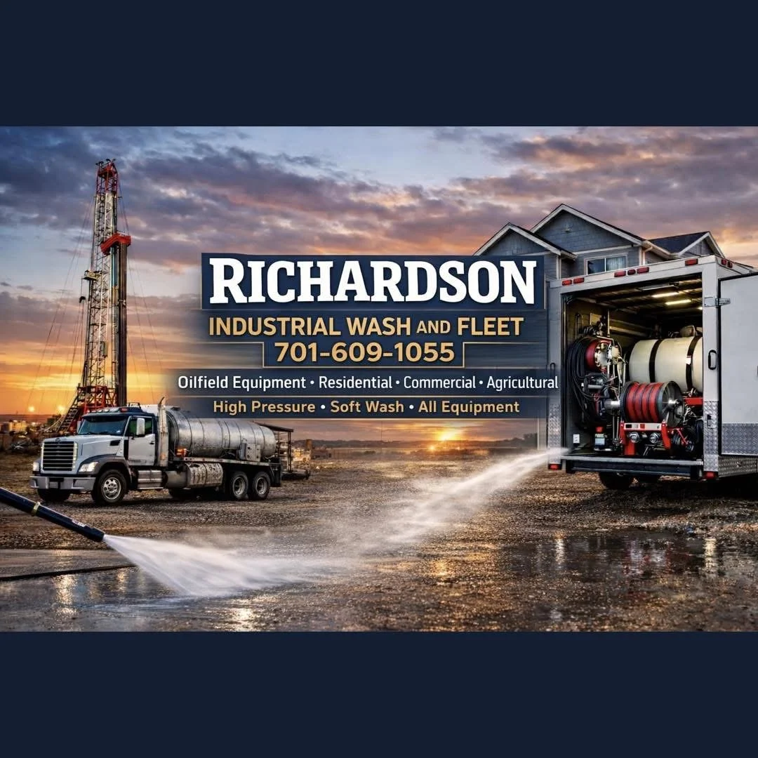 Advertisement for Richardson Industrial Wash and Fleet showing oilfield equipment, a water truck, and a cleaning truck, with a sunset background.