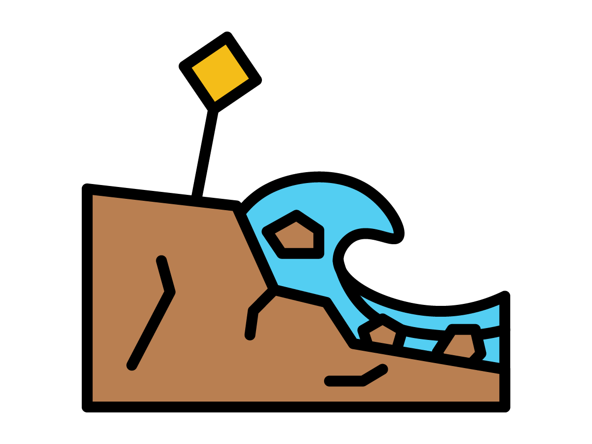 shoreline erosion with leaning sign iconography