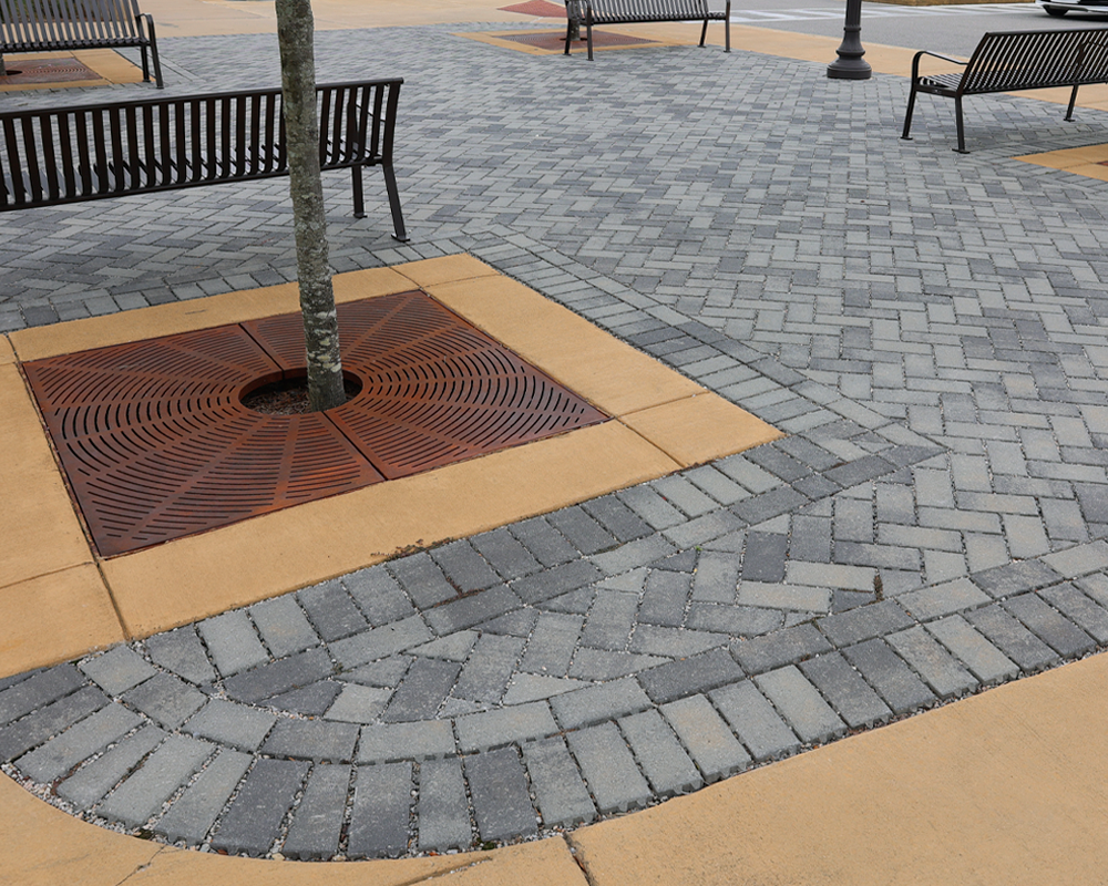 permeable sidewalk area with benches and trees