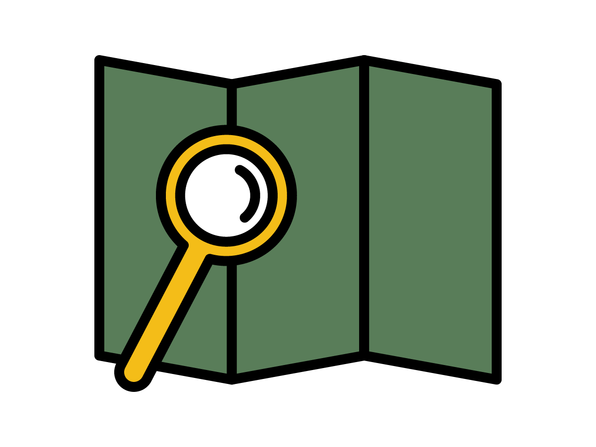 trifold map with magnifying glass iconography