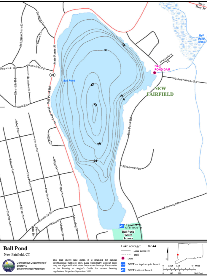 Map of Ball Pond in New Fairfield, Connecticut, showing lake depth contours, surrounding roads, and landmarks including Ball Pond Dam and water access point.