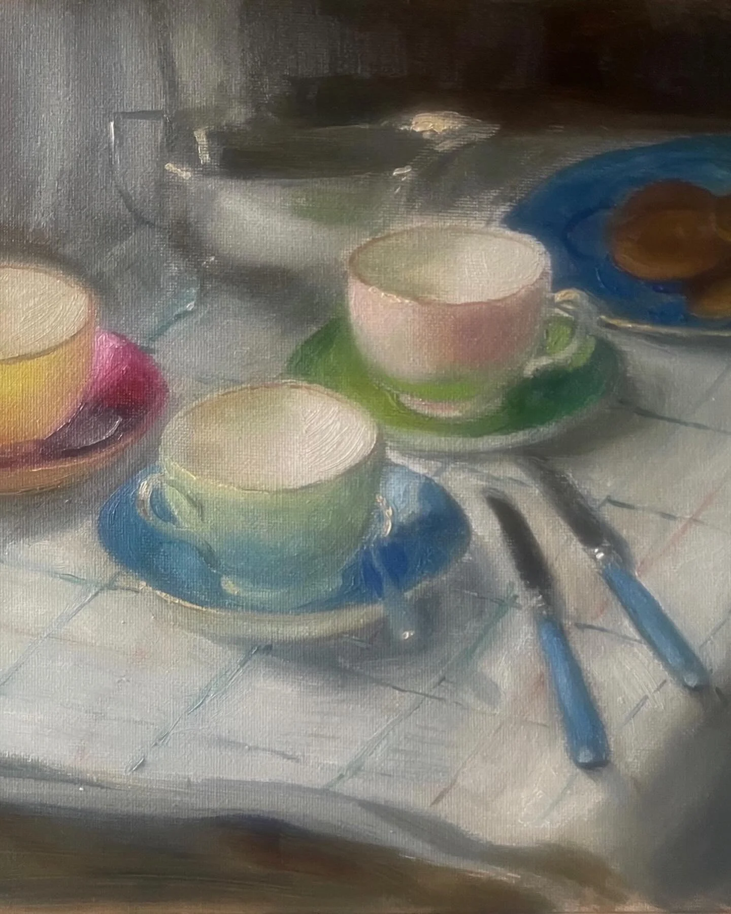 Harlequin Tea Cups from start  to the finish. See www.thurnwood.co.uk and come and learn to paint in oils in Dorset.