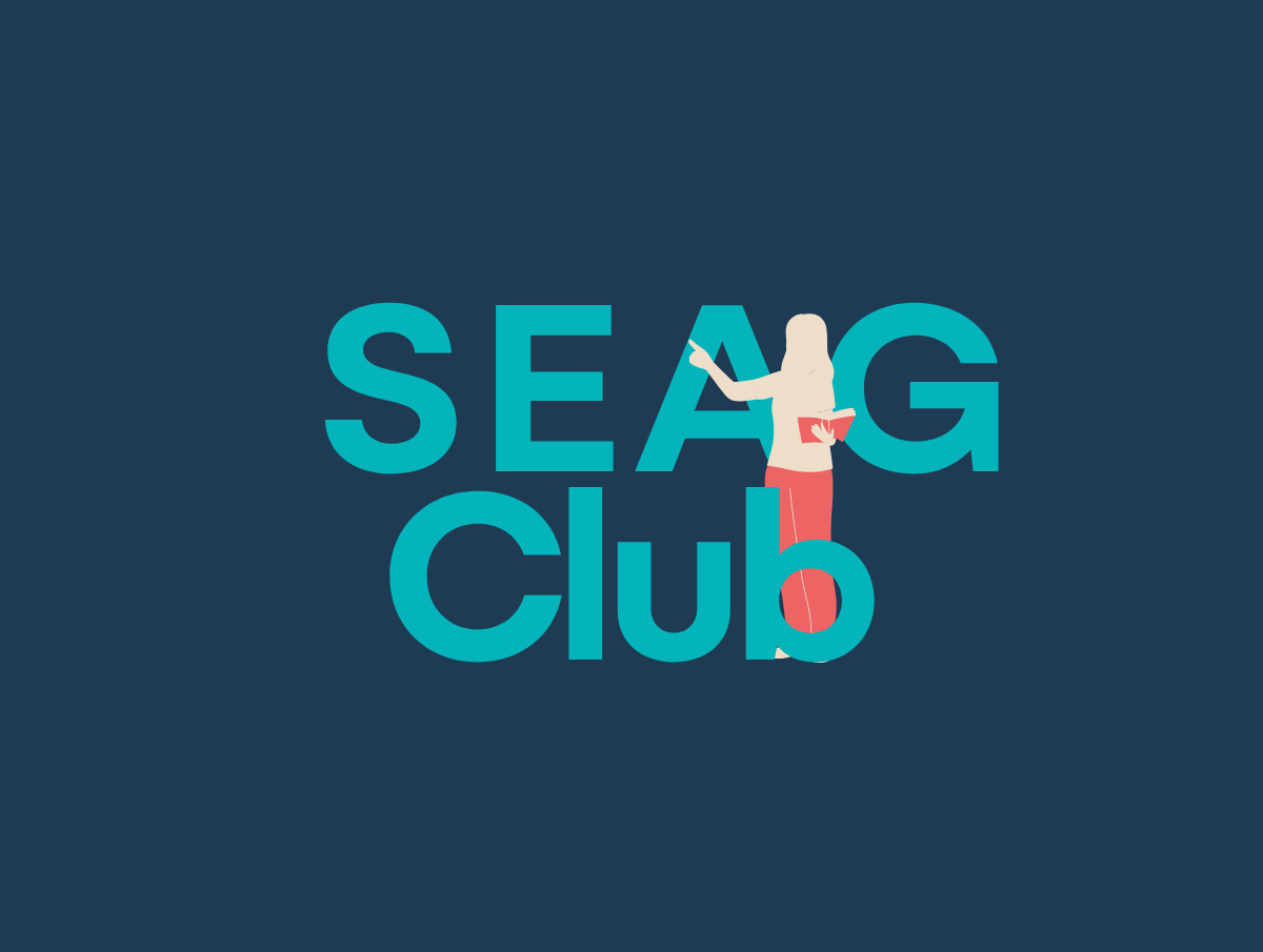 Illustration of a person pointing at the word "SEAG" and holding a book, with the word "club" underneath, against a dark blue background.