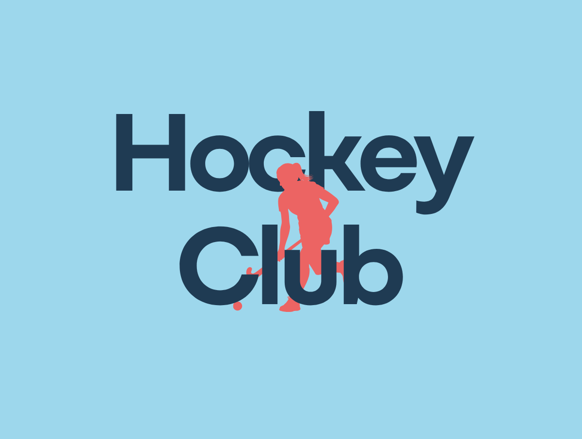 A logo for a hockey club with dark blue text and a pink silhouette of a female hockey player on a light blue background.
