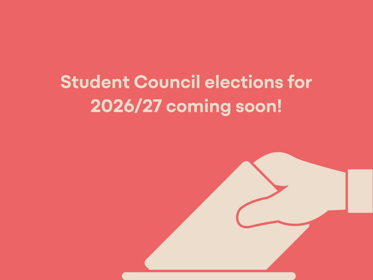 Announcement about upcoming student council elections for 2026/27 with an illustration of a hand inserting a ballot into a box.