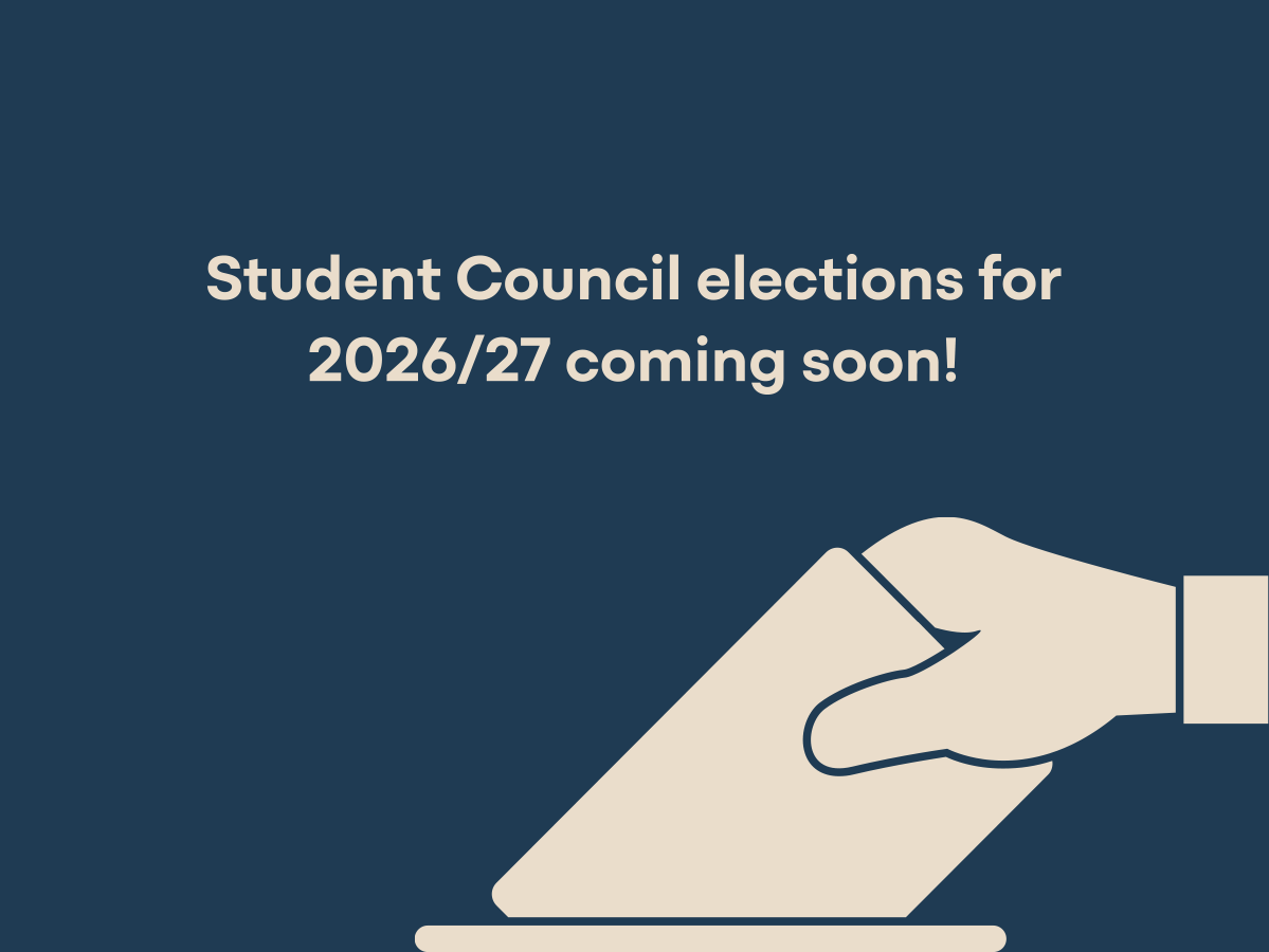 Announcement about upcoming student council elections for 2026/27 with an illustration of a hand holding a ballot paper.