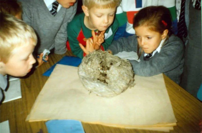 Group of children gathered around a table, observing a large, transparent, mineral-filled geode.