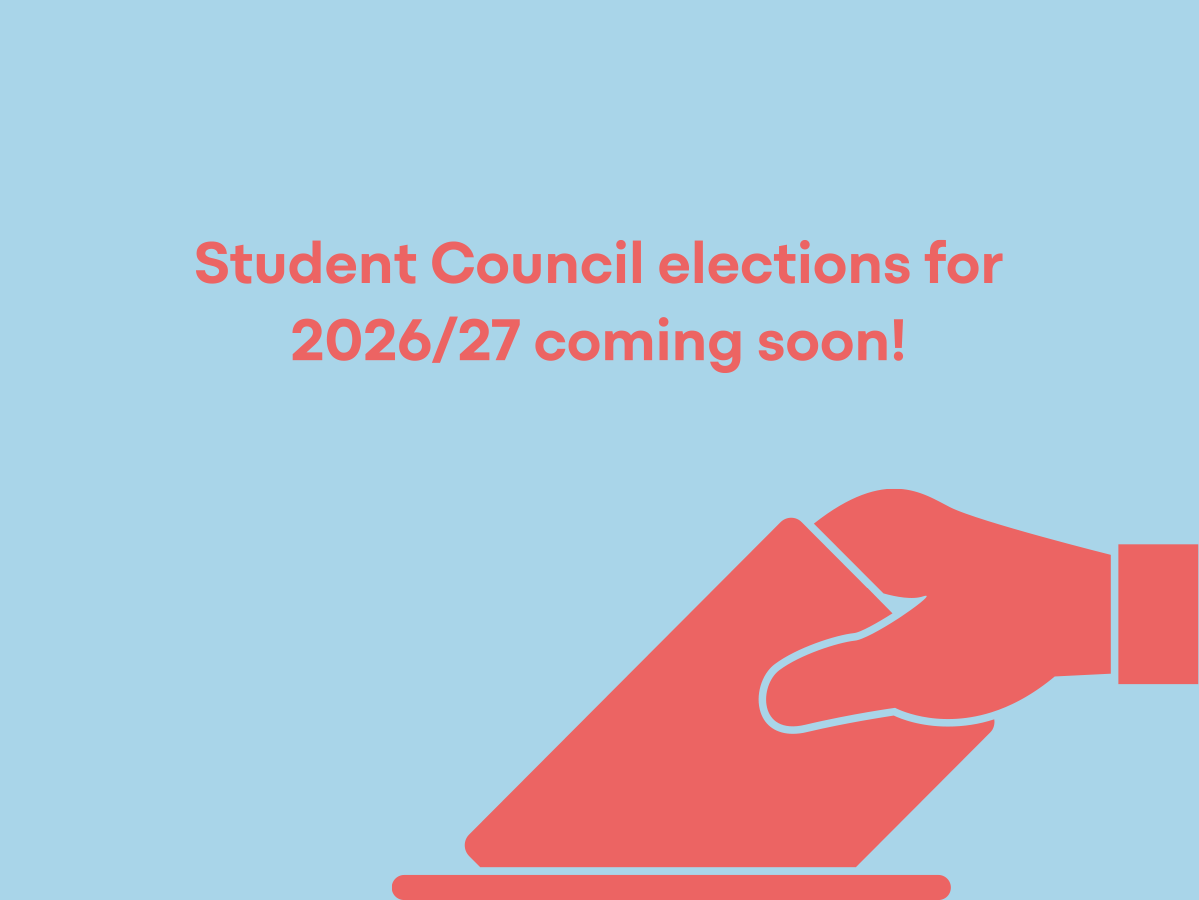 Announcement about upcoming student council elections for 2026/27, featuring an illustration of a hand holding a voting card.