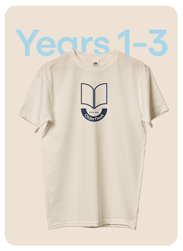 A white T-shirt with the OldfleeC logo featuring an open book and the text "EETO HAA" in the center, displayed against a background with the text "Years 1-3" in large light blue letters.