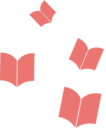 Multiple pink open books scattered on a white background.