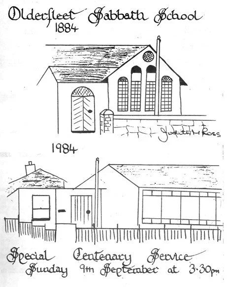 Drawing of Olde Fleet Sabbath School building from 1884 and a newer building from 1984, with event details for a special service on September 9th at 3:30 pm.