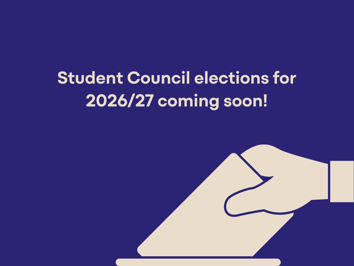 Announcement about upcoming student council elections for 2026/27 with illustration of a hand placing a ballot into a voting box.