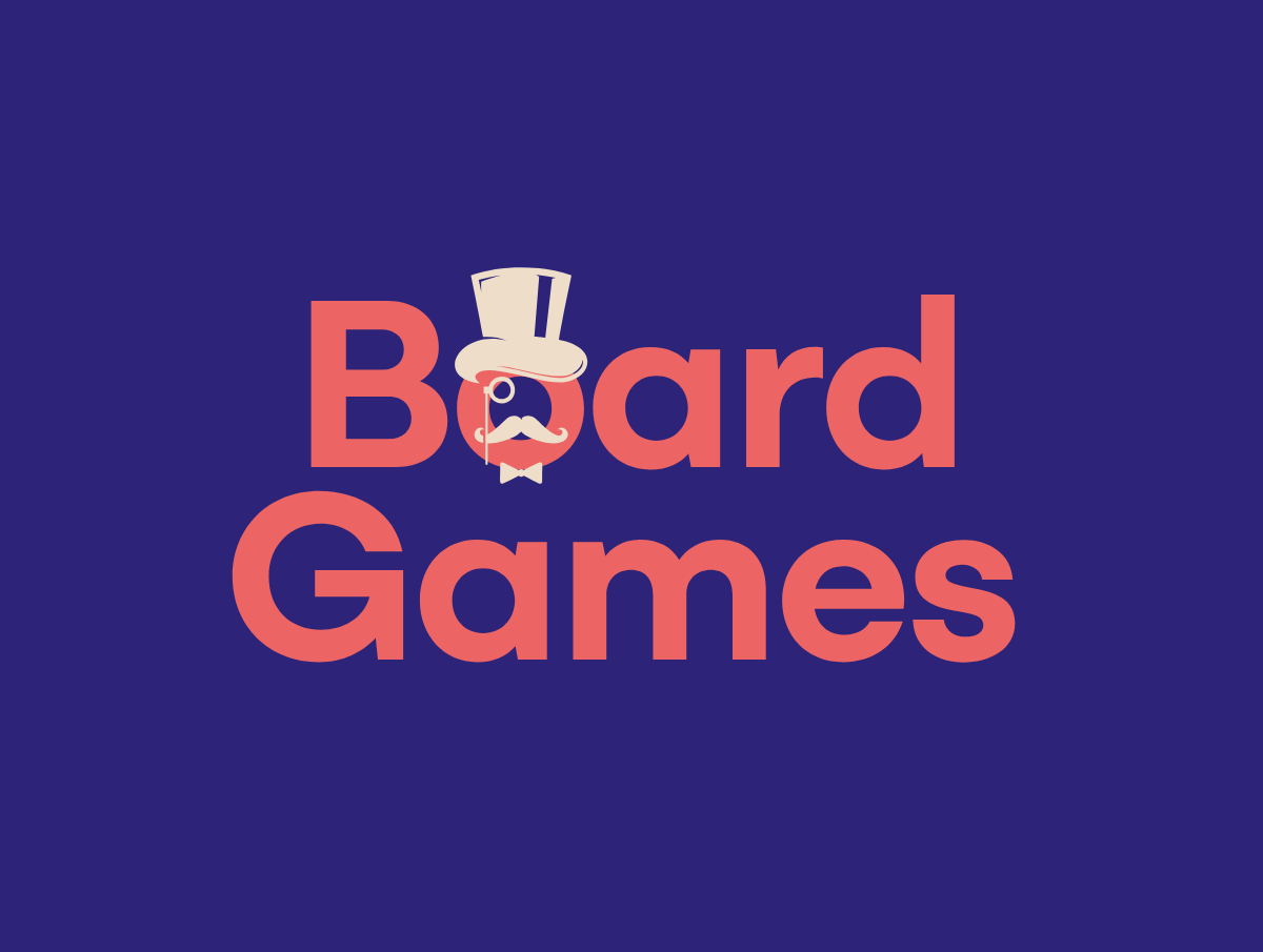 Logo for Board Games featuring the word 'Board Games' with a stylized monocle, mustache, top hat, and bow tie on the letter 'o' in 'Board'.