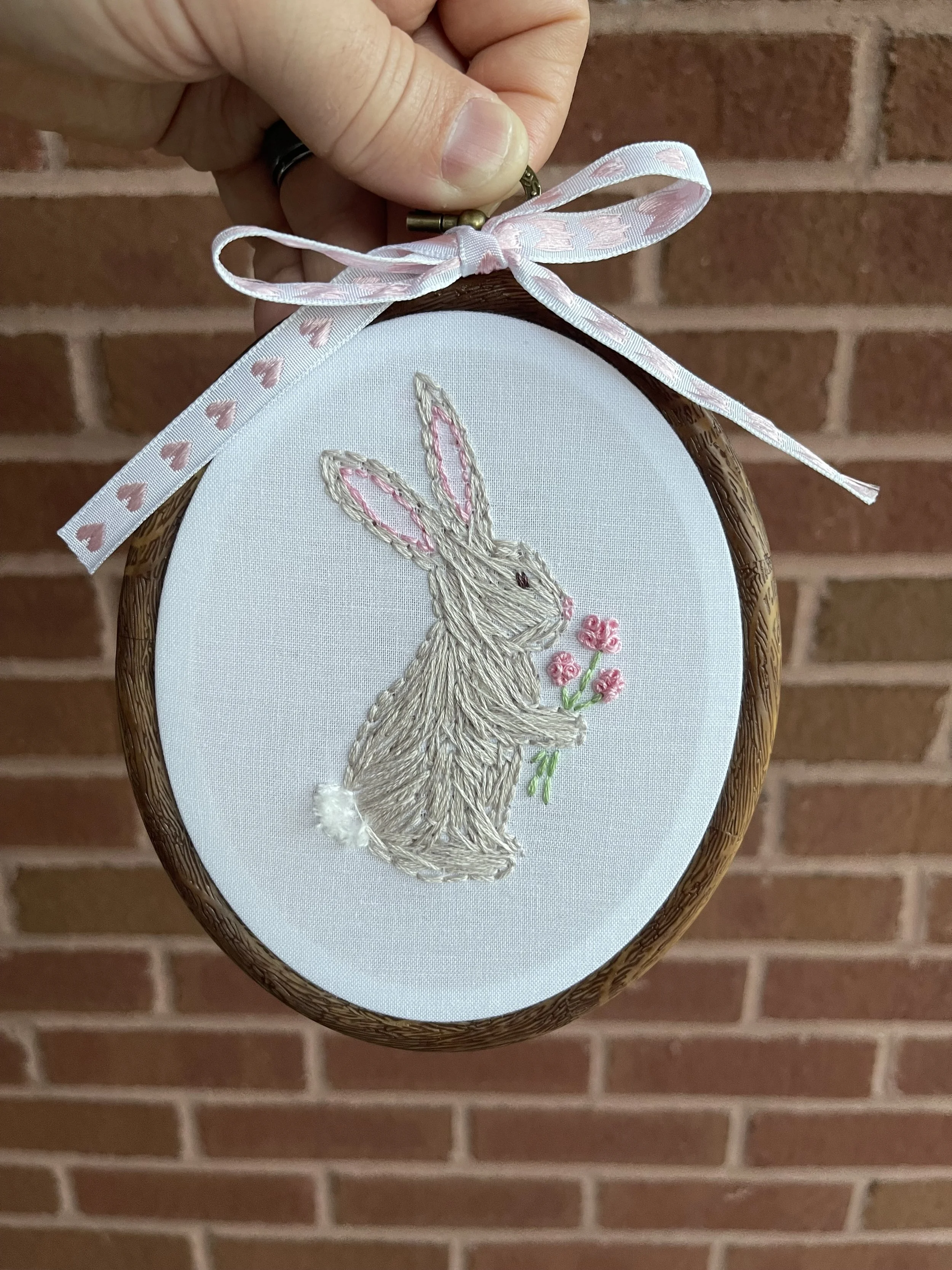 Hand-Embroidered Bunny Hoop Art with Flowers – Springtime Decor