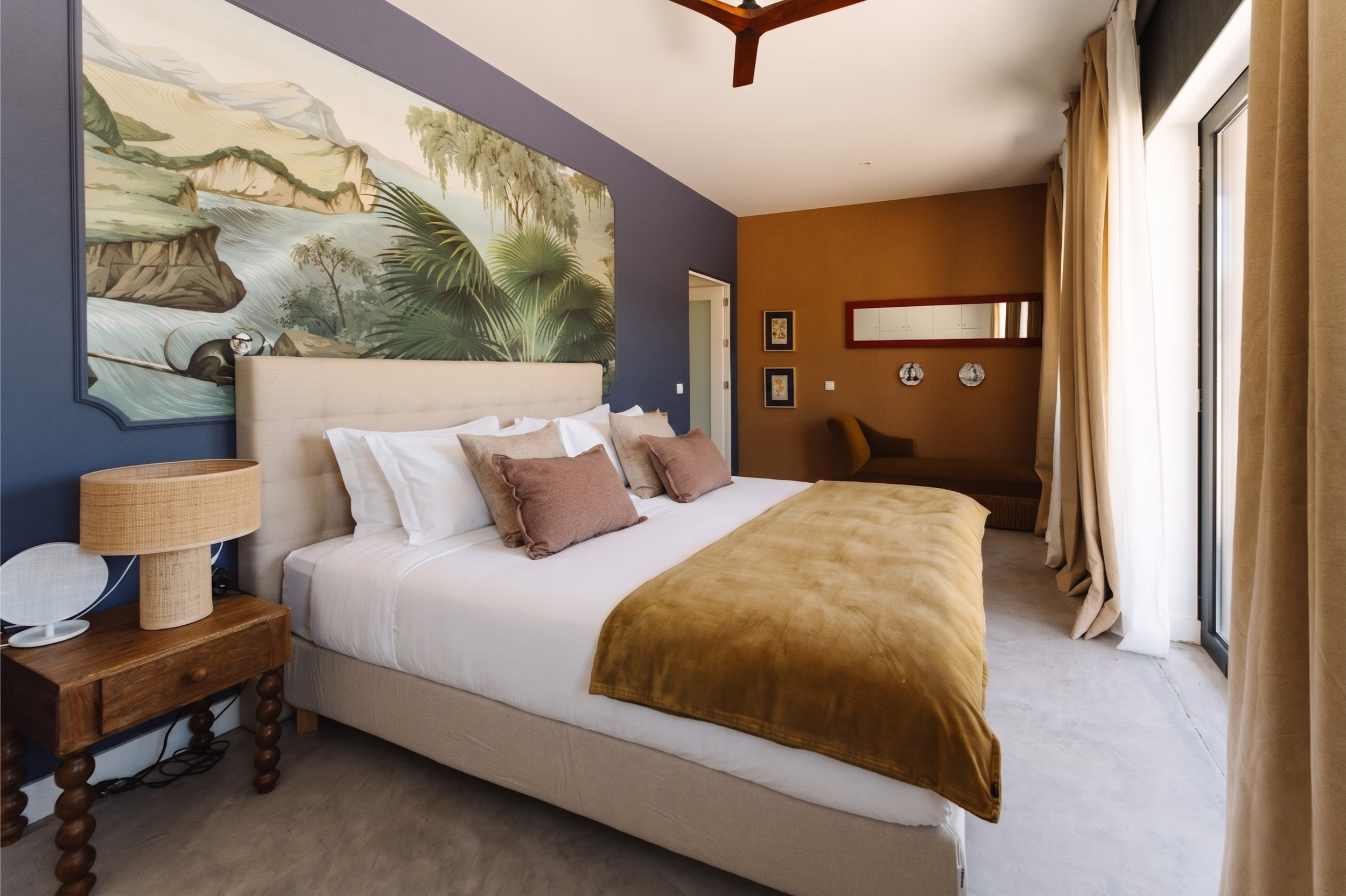 A cozy hotel bedroom with a bed featuring white sheets, brown pillows, and a brown blanket. The headboard is beige, and beside the bed is a wooden nightstand with a woven lamp. There is a large window with beige curtains, and the wall behind the bed has a large, scenic mural of a lush, green landscape with trees, rocks, and a waterfall.