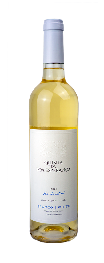 A bottle of Quinta da Boa Esperança 2021 white wine from Portugal with a white label and a gray capsule.
