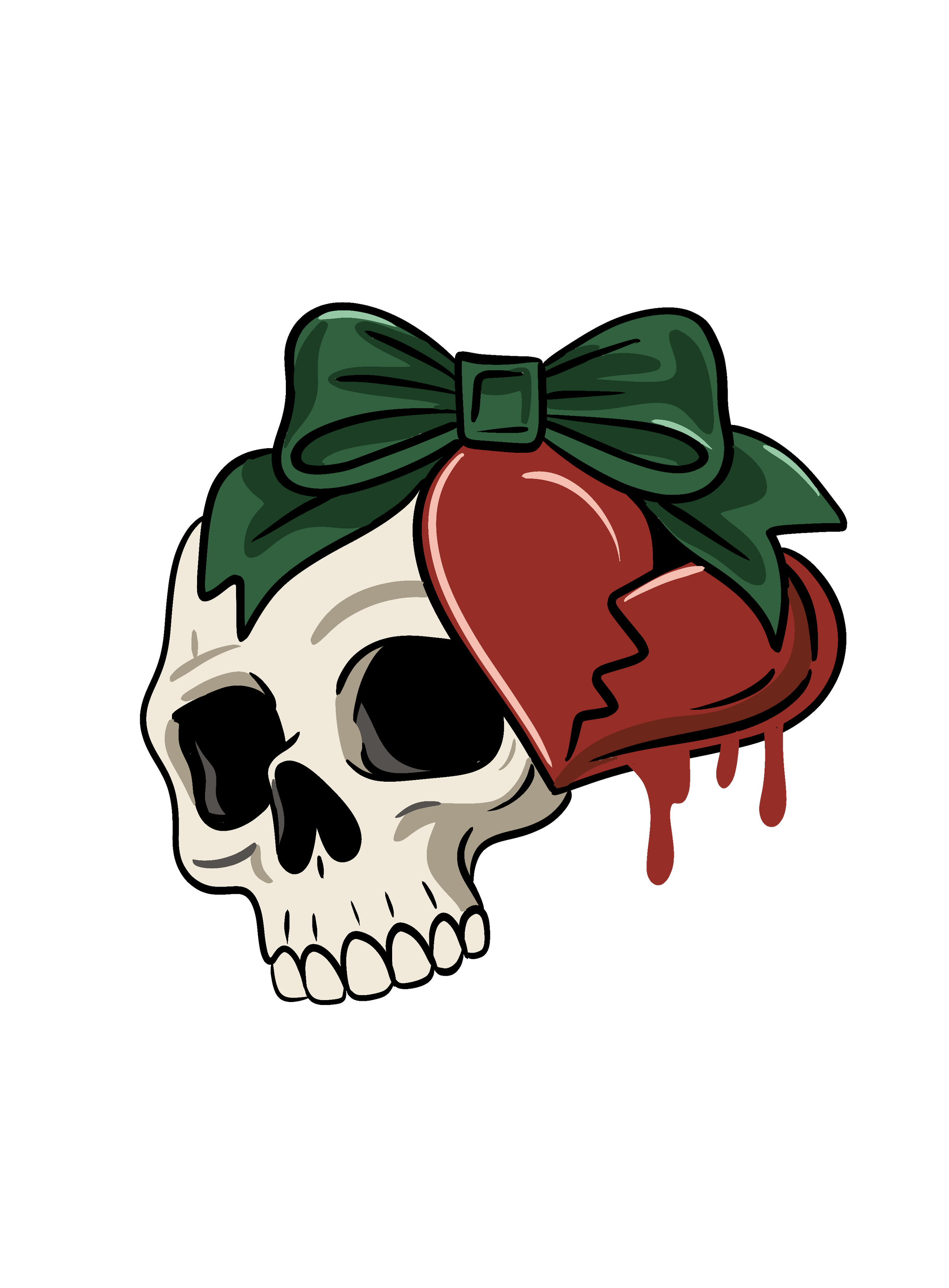 A skull with a green bow and a broken red heart dripping with blood.